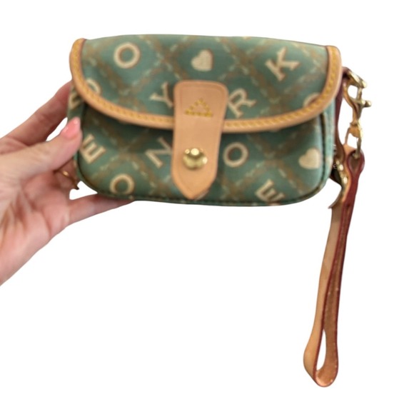 Dooney & Bourke Handbags - Dooney & Burke Wristlet Green Monogram Logo Leather Y2K Mini Pouch Clutch Bag